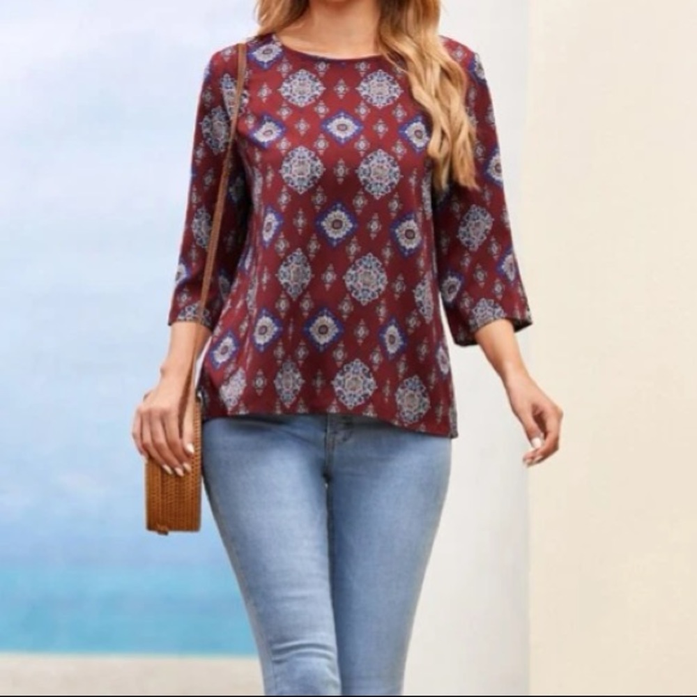 Emery Rose | Burgundy 3/4 Sleeve Blouse - Picture 3 of 10